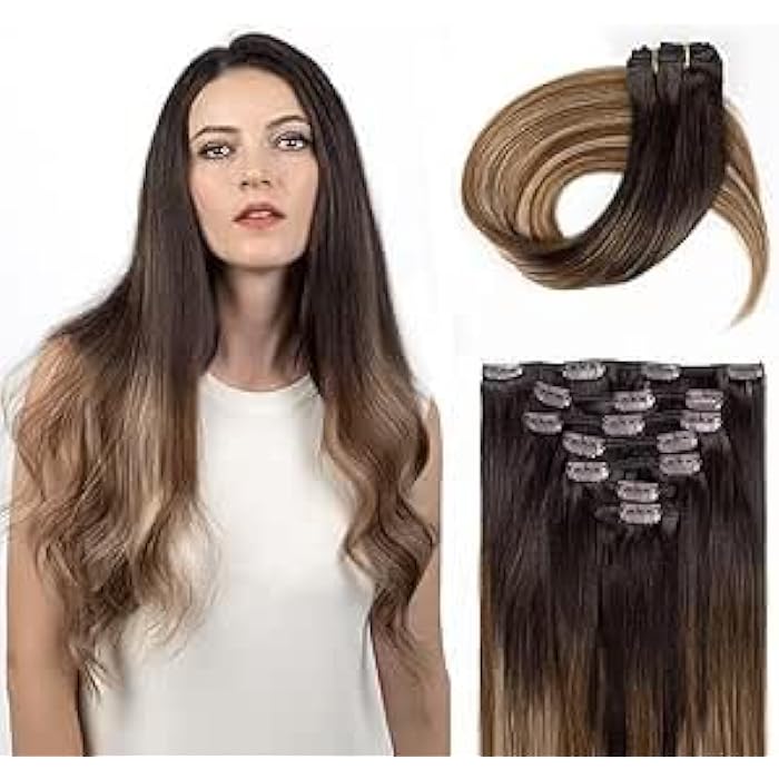 ECIF Clip in Hair Extensions, Real Human Hair Extensions, 100% Human Hair Remy Natural Hair Double Weft, 7 Pcs 120g Volume Invisible DIY Full Head Hair Extenion (Mix Brown T2/6/18 20 inch) - Image 1